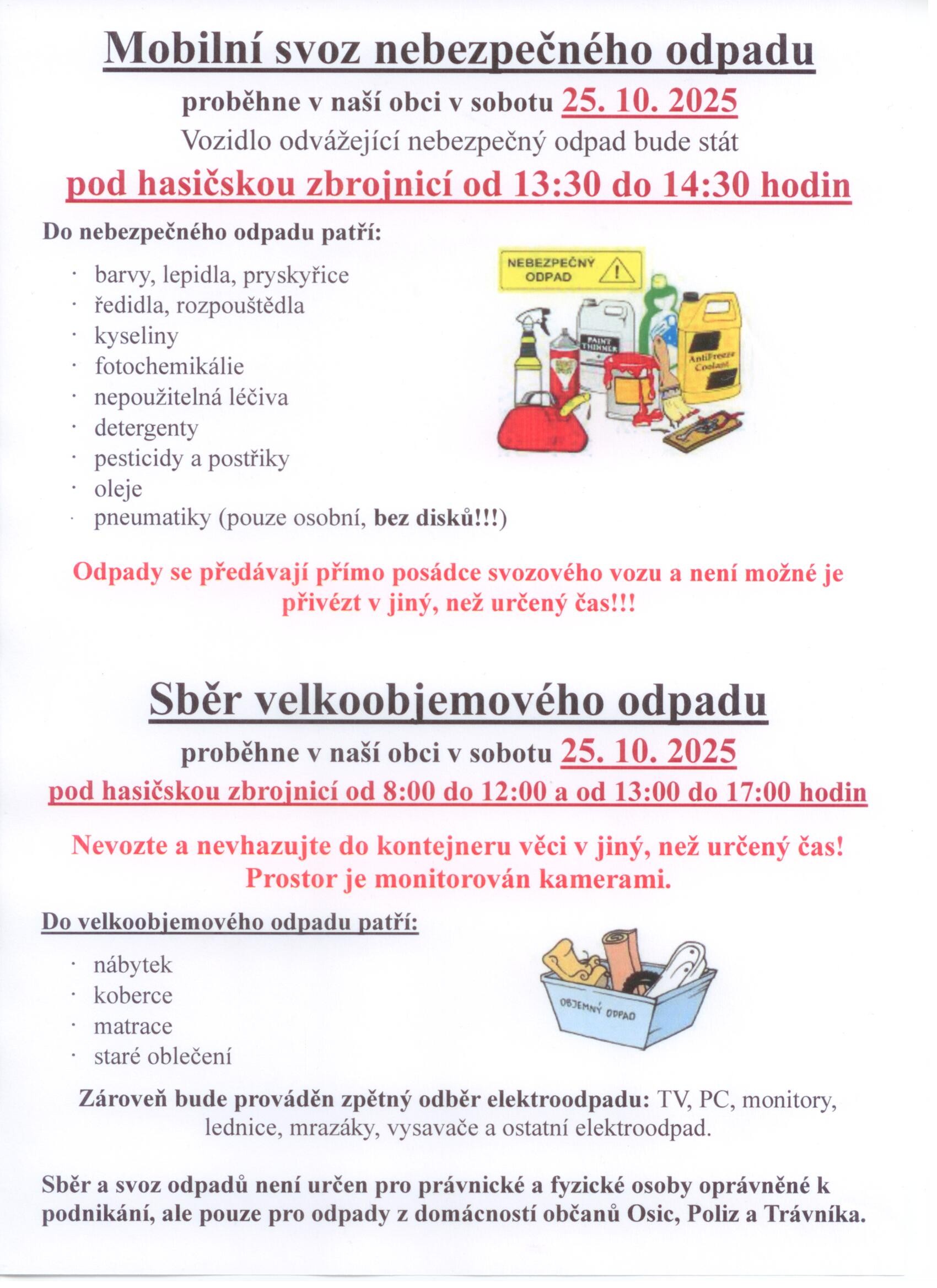 Mobilní svoz nebezpečného odpadu a sběr velkoobjemového odpadu